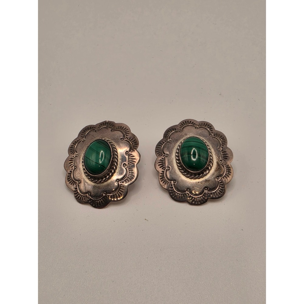 SJ .925 Sterling Silver Malachite Concho Stud Earrings Southwestern Stamped